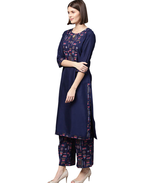 Blue Poly Silk Palazzo Suit Closure View