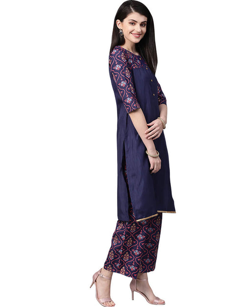 Blue Poly Silk Palazzo Suit Closure View