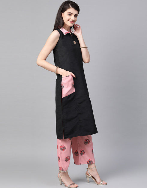 Black Poly Silk Palazzo Suit Closure View