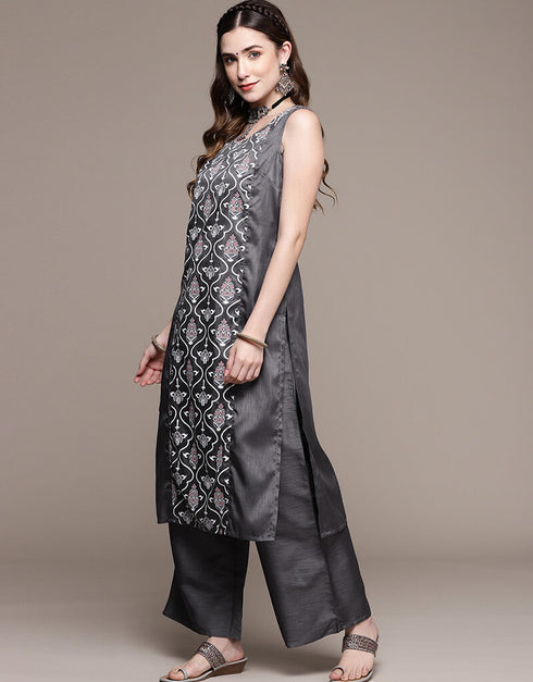 Grey Poly Silk Palazzo Suit Closure View