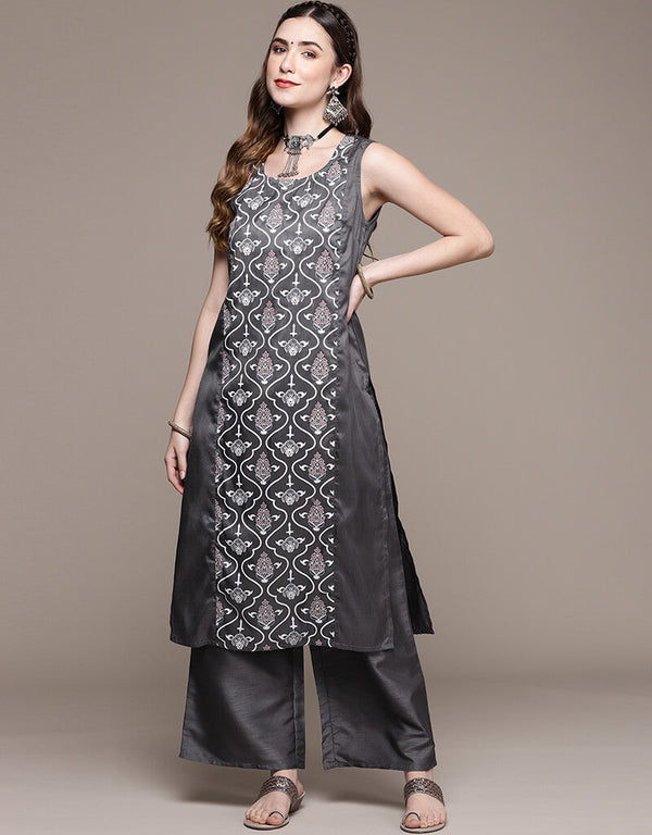 Grey Poly Silk Palazzo Suit