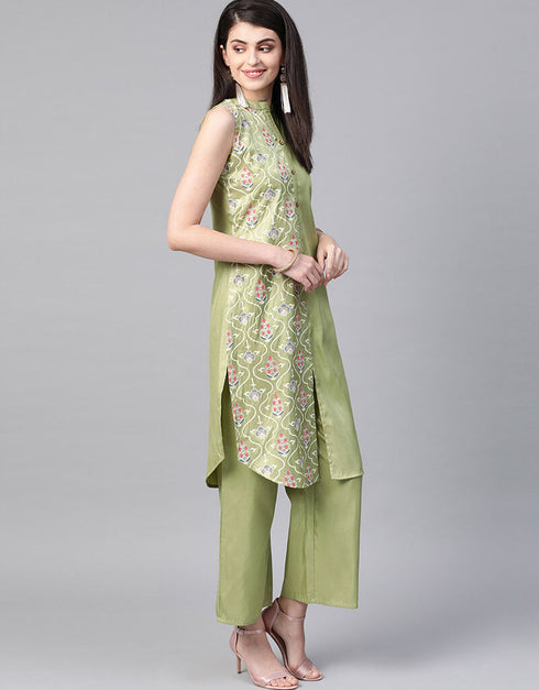 Green Poly Silk Palazzo Suit Closure View