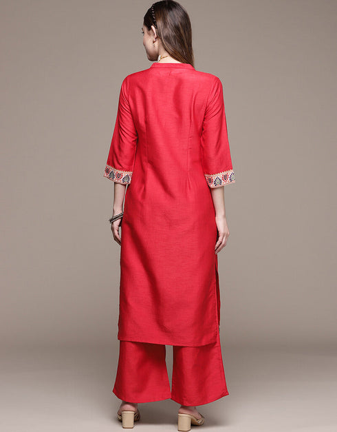 Red Poly Silk Palazzo Suit Back View