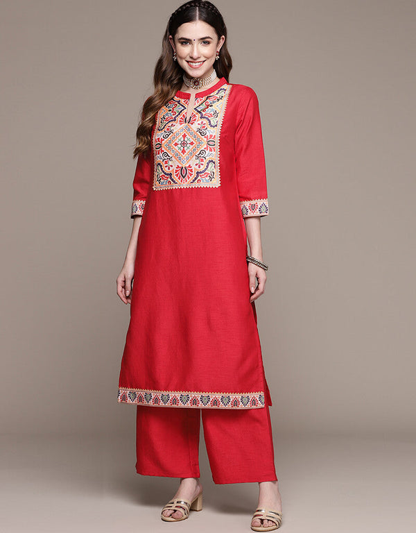 Red Poly Silk Palazzo Suit