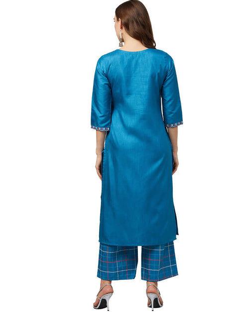 Blue Poly Silk Palazzo Straight Back View