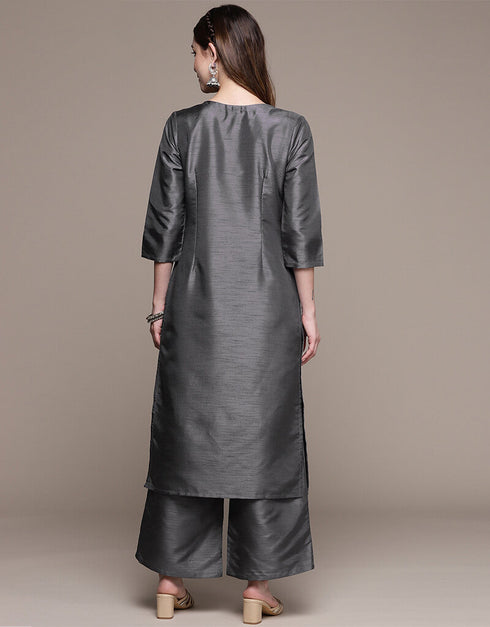 Grey Poly Silk Palazzo Straight Back View