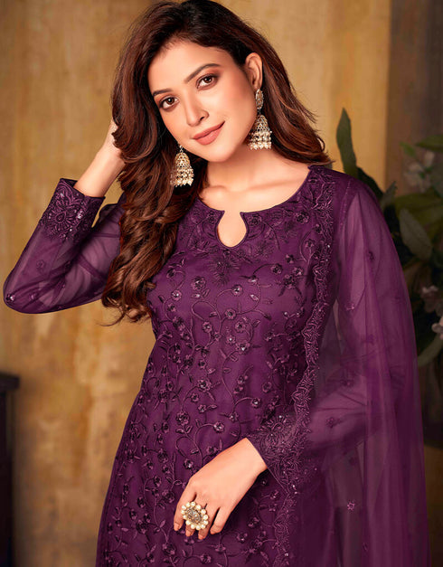 Purple Net Chudidar Suit Closure View