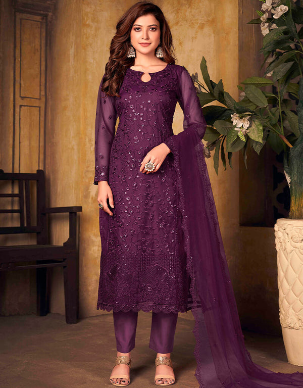 Purple Net Chudidar Suit