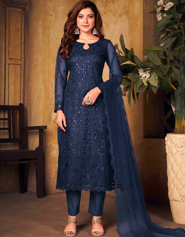 Navy Blue Net Chudidar Suit