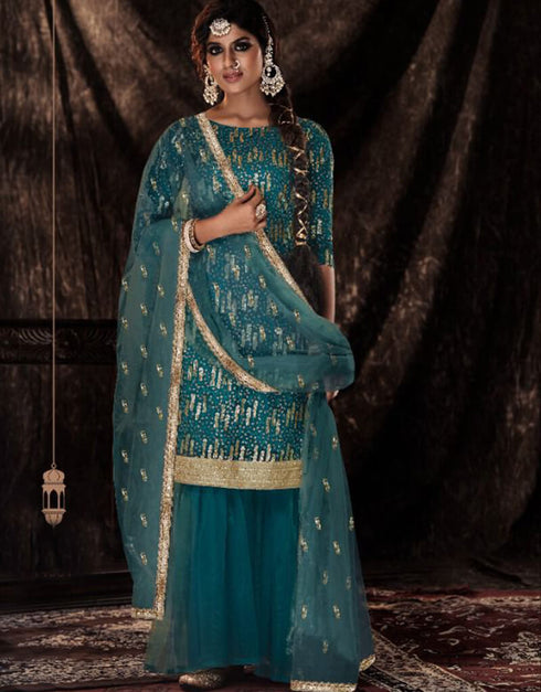 Blue Soft Net Sharara Suit