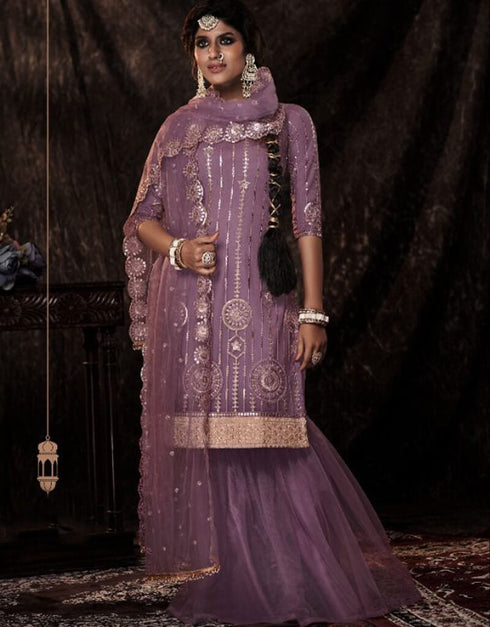 Purple Soft Net Sharara Suit