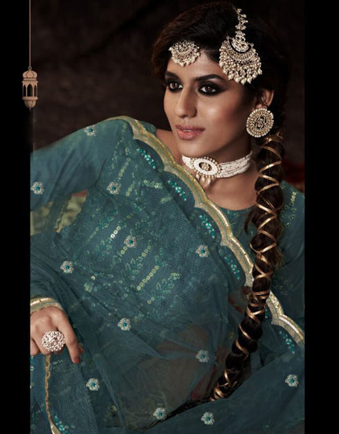Blue Soft Net Sharara Suit Closure View
