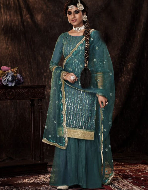 Blue Soft Net Sharara Suit