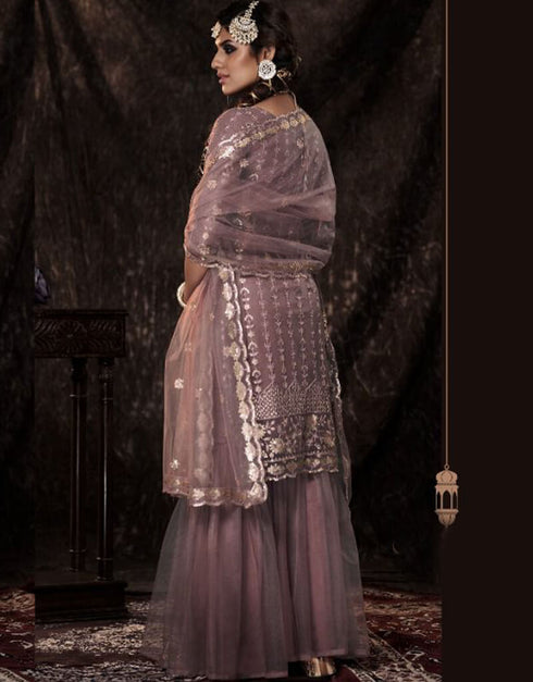 Wine Soft Net Sharara Suit Closure View