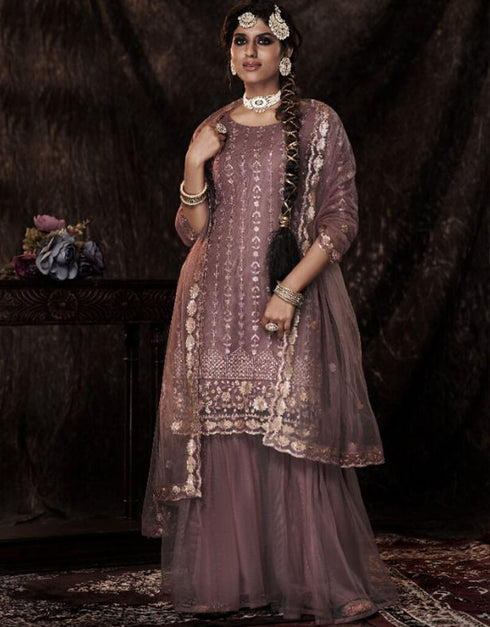 Wine Soft Net Sharara Suit