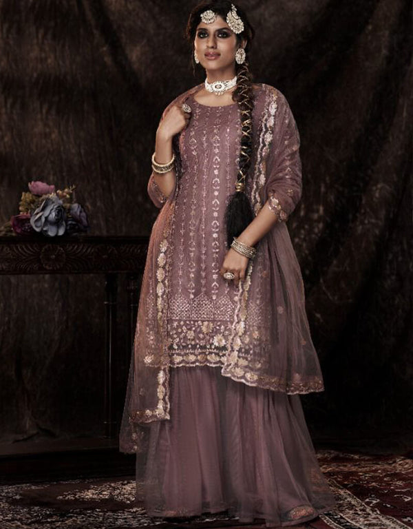 Wine Soft Net Sharara Suit