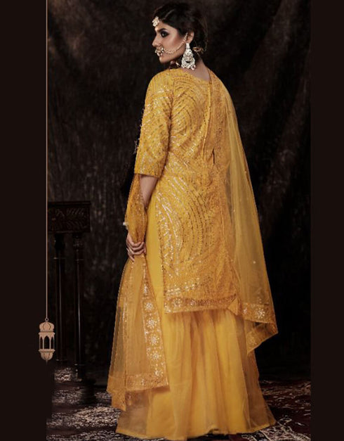 Yellow Soft Net Sharara Suit Closure View