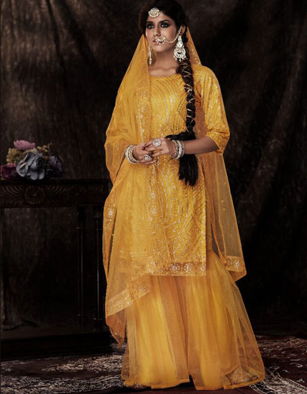 Yellow Soft Net Sharara Suit