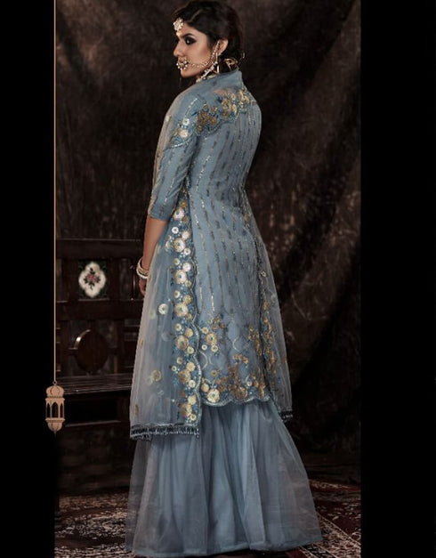 Blue Soft Net Sharara Suit Closure View