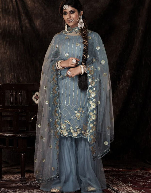 Blue Soft Net Sharara Suit