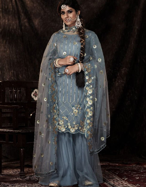 Blue Soft Net Sharara Suit