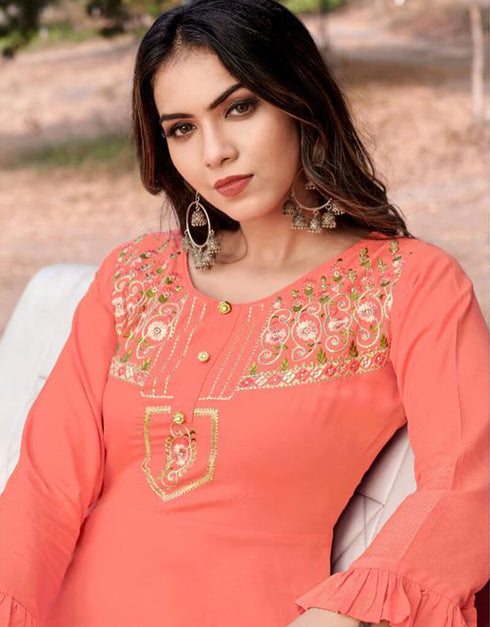Rust 14 Kg Heavy Rayon Anarkali Kurti Closure View