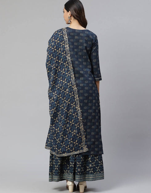 Blue Cotton Sharara Suit Closure View