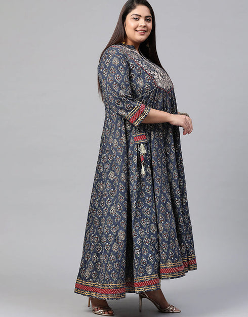 Navy Blue Cotton Anarkali Suit Closure View