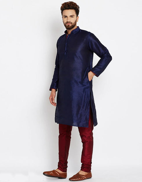 Navy Blue Kurta Dhupion Silk Payjama Closure View