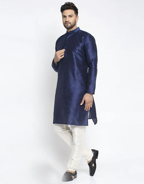 Navy Blue Kurta Dhupion Silk Payjama Closure View