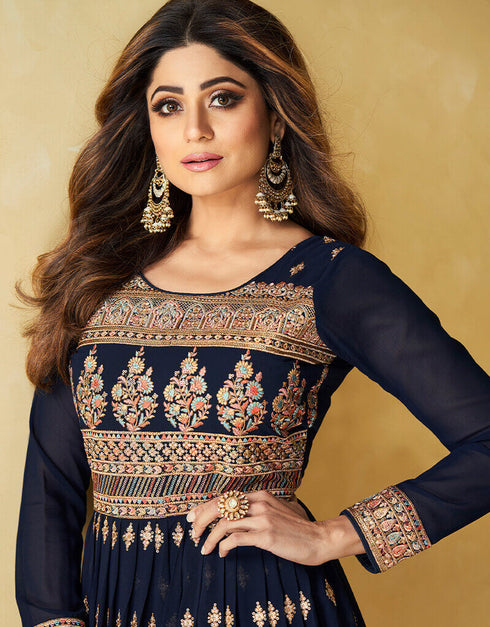 Navy Blue Real Georgette Anarkali Suit Closure View