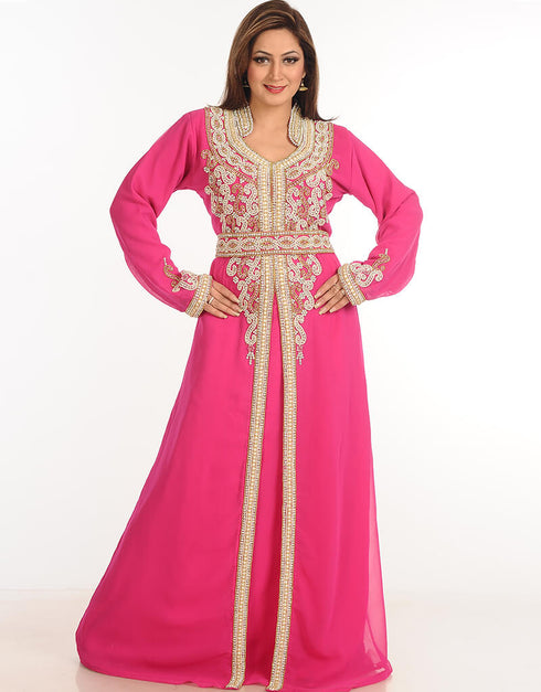 Islamic Pink Georgette Hand Embroidery Party Wear Kaftan