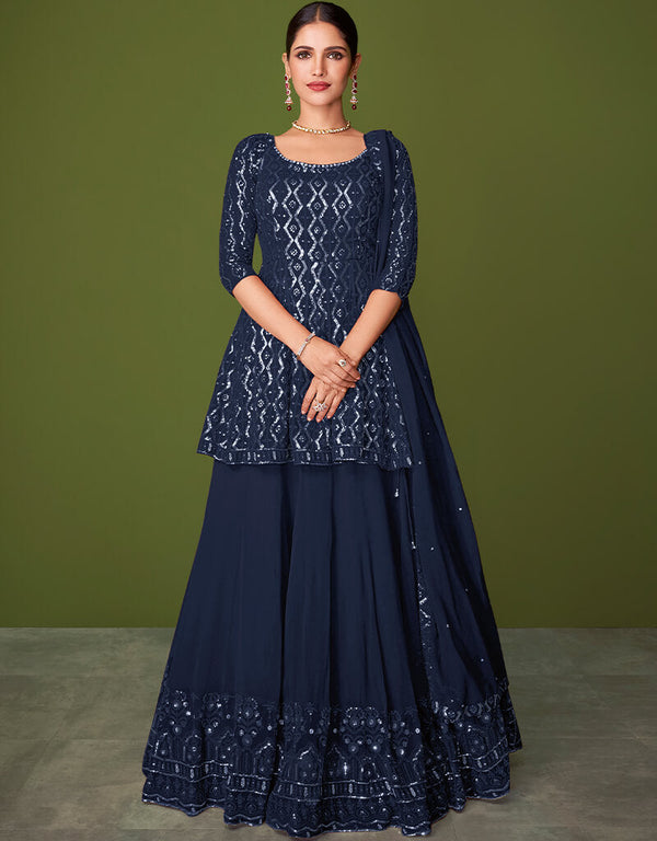 Navy Blue Lehenga style Salwar Suit Designer Salwar Suit Salwar Kameez in Embroidery, Sequins & Lace Work