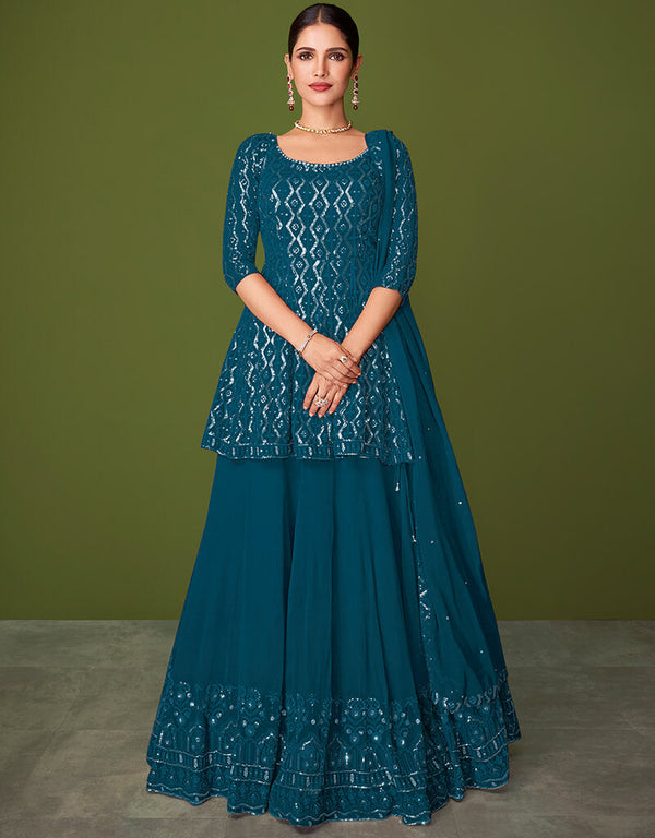 Teal Lehenga style Salwar Suit Designer Salwar Suit Salwar Kameez in Embroidery, Sequins & Lace Work