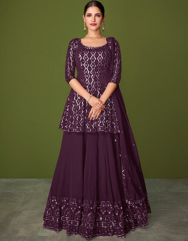 Wine Lehenga style Salwar Suit Designer Salwar Suit Salwar Kameez in Embroidery, Sequins & Lace Work