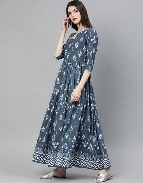 Blue Cotton Anarkali Kurti Closure View