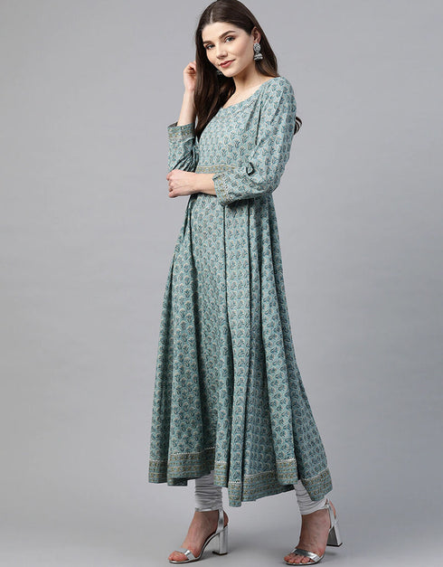 Green Cotton Anarkali Kurti Closure View