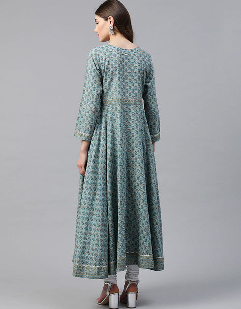 Green Cotton Anarkali Kurti Back View