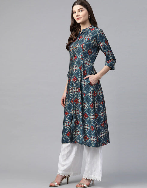 Blue Viscose Rayon Anarkali Kurti Closure View