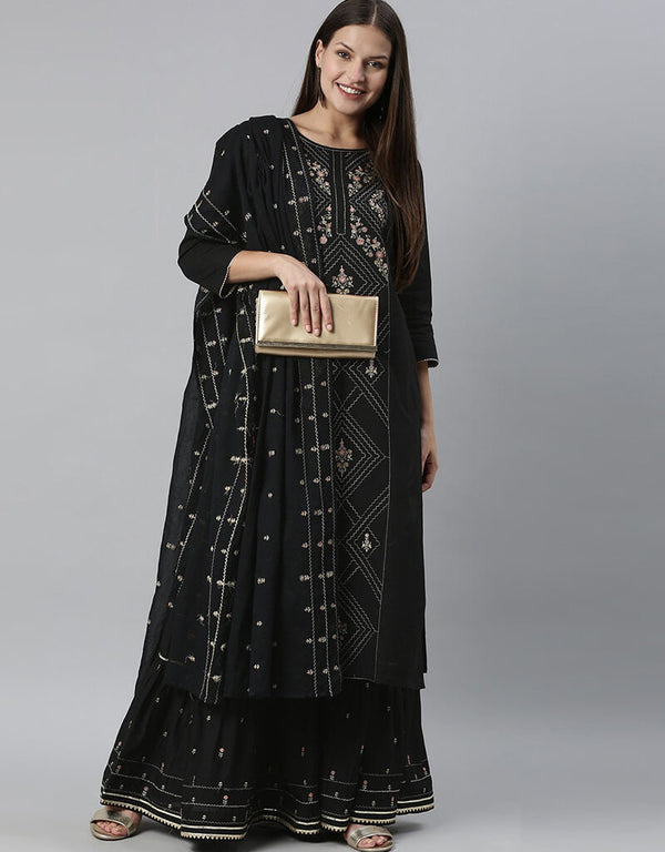 Black Pure Cotton Sharara Suit