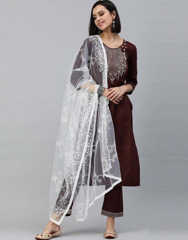 Brown Cotton Blend Pant Suit