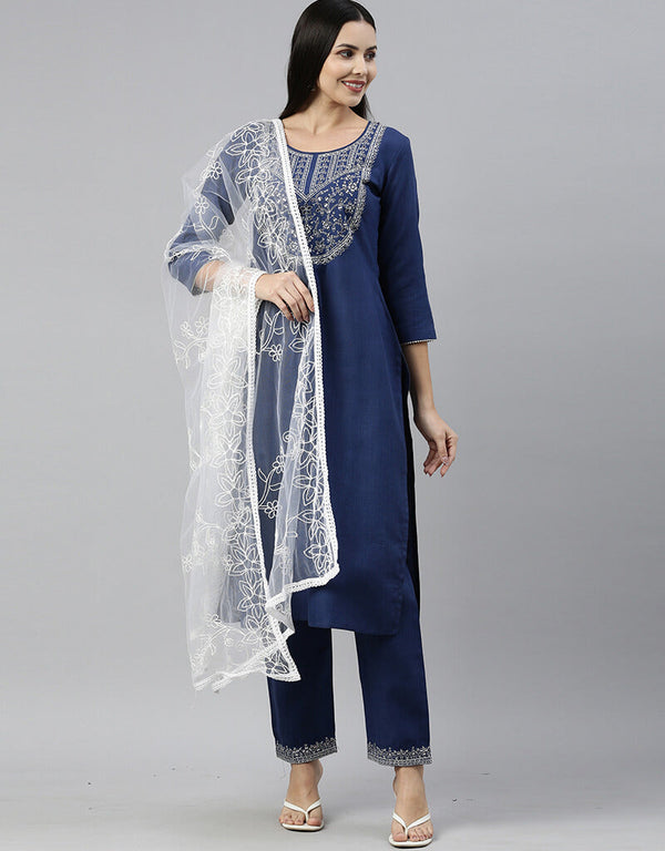 Blue Cotton Blend Pant Suit