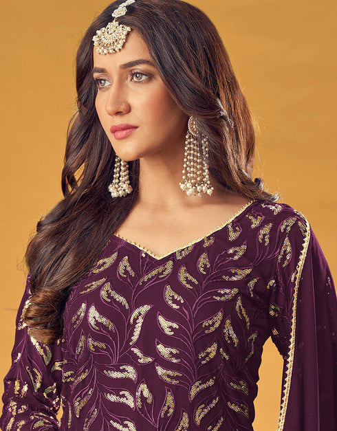 Wine Pure Fox Georgette Palazzo Suit Closure View