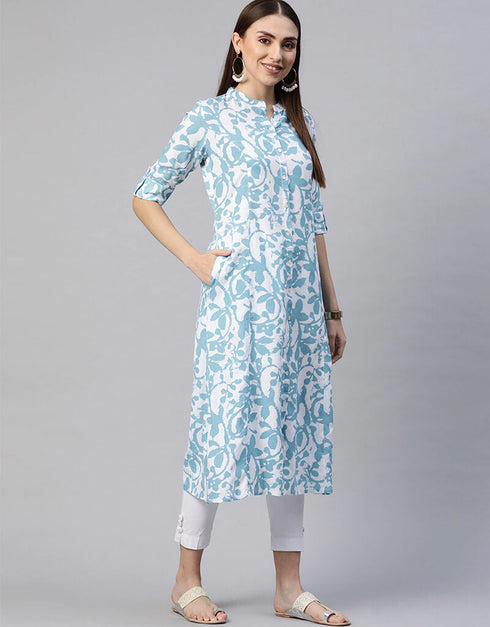 Blue Cotton Straight Kurti Closure View