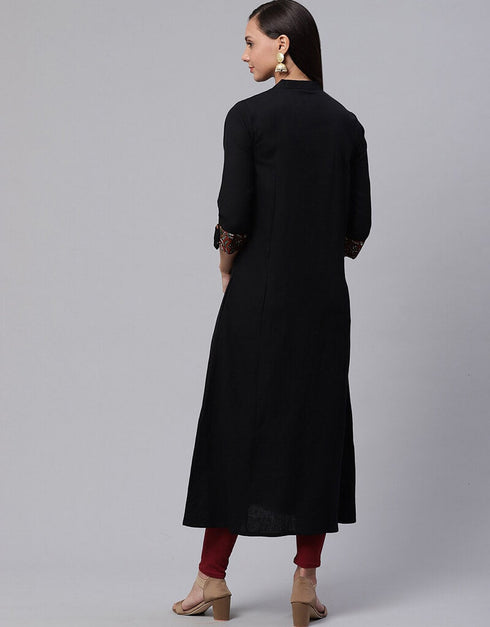 Black Cotton Straight Kurti Back View