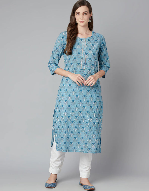 Blue Cotton Straight Kurti