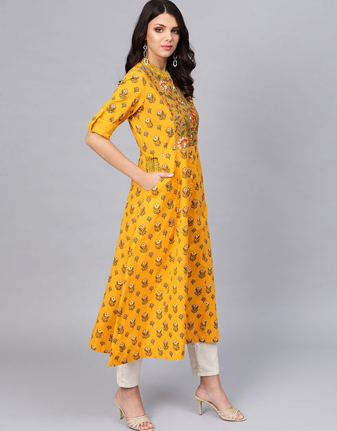 Yellow Cotton Straight Kurti Closure View