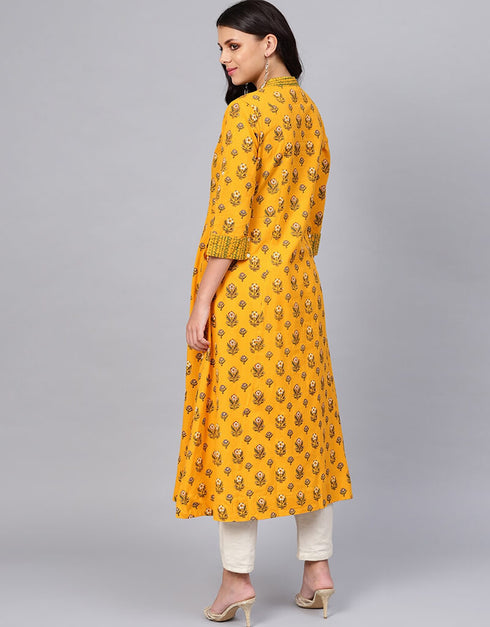 Yellow Cotton Straight Kurti Back View