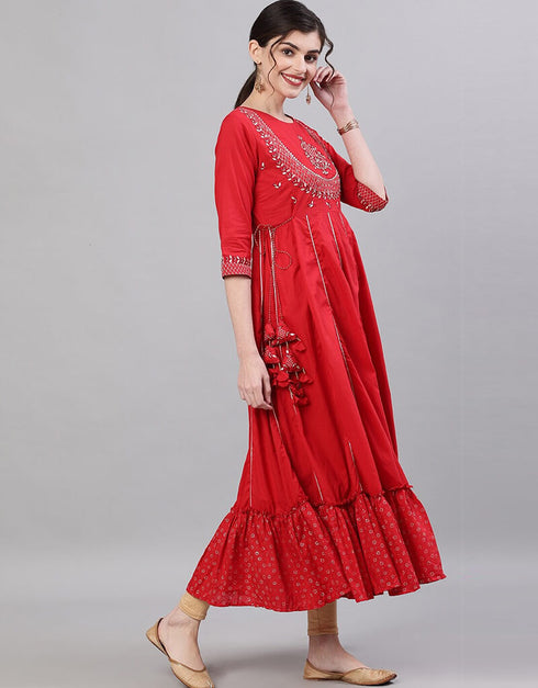 Red Viscose Rayon Anarkali Kurti Closure View
