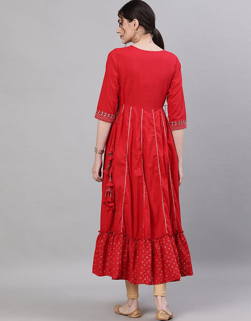 Red Viscose Rayon Anarkali Kurti Back View